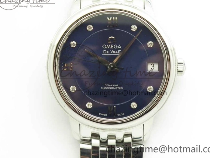 0105 TopPick De Ville Prestige Ladies 32.7mm SS MKF 1:1 Best Edition Blue Dial Diamonds Markers on SS Bracelet MIYOTA 7972